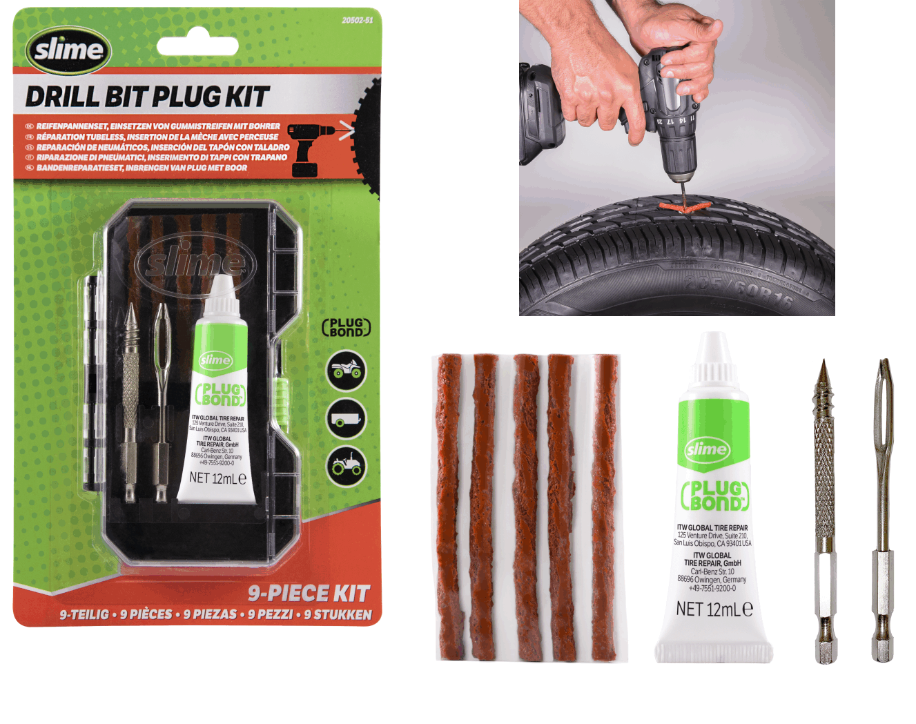 Slime Tyre Plug Reifen-Reparaturset mit Einstzen fr die Bohrmaschine